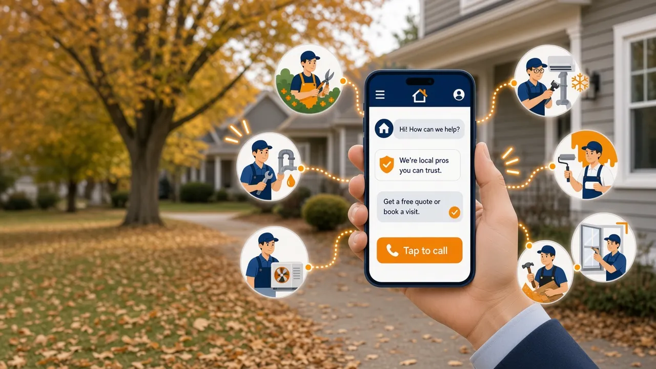 Homeowner using a phone to chat with and call local contractors